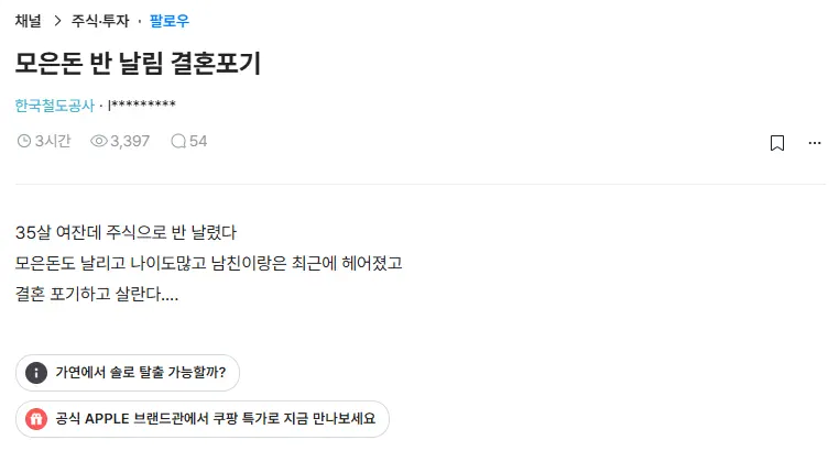 93d24836f8e3fb1c1cc19b51d10a03ab.webp 모은돈 반 날린 철도공사 누나.