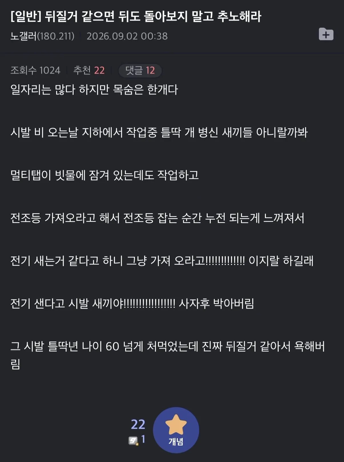 노가다하다가 60살에게 쌍욕을 박아버렸다는 노갤러