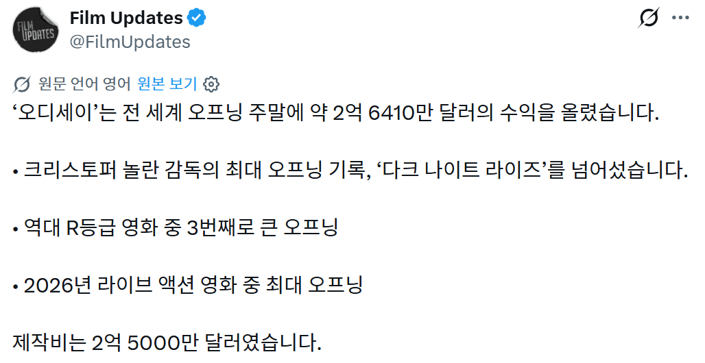 image.png <오디세이> 전세계 오프닝 2억 6410만 달러, 놀란 영화 역대 최고 기록