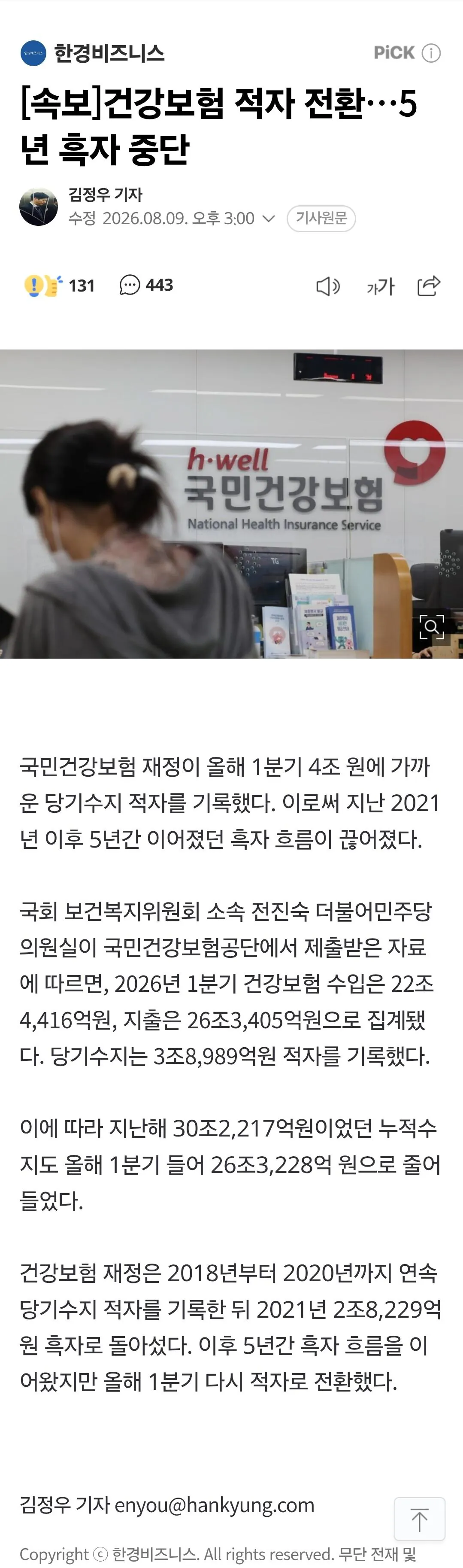 속보) 건강보험 5년만에 적자 전환 ㄷㄷㄷㄷㄷ