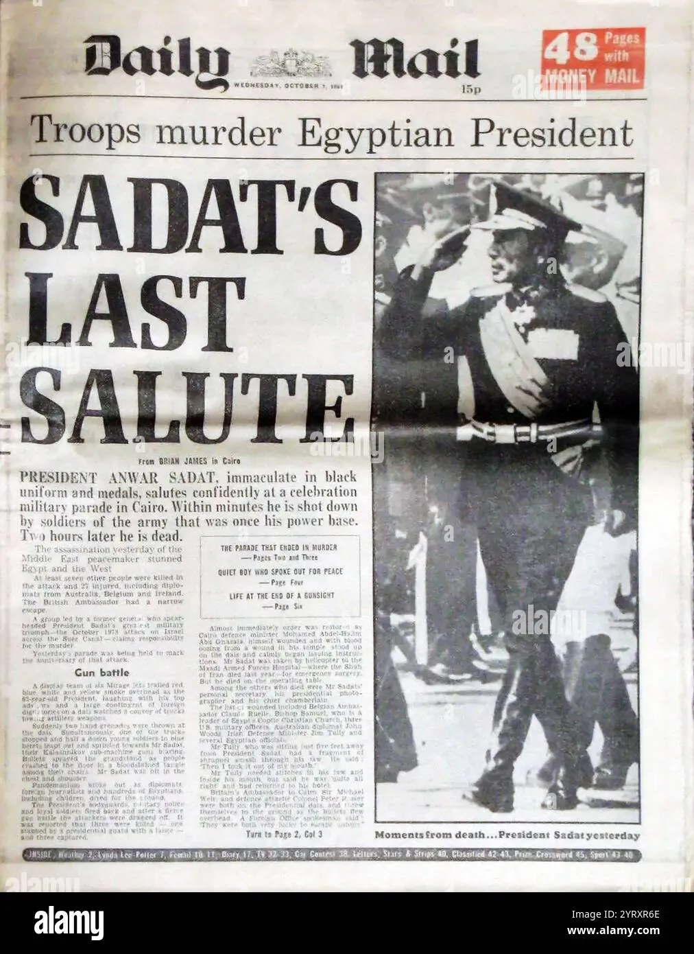 daily-mail-newspaper-coverage-of-the-assassination-of-president-anwar-sadat-of-egypt-on-6-october-1981-sadat-was-assassinated-during-the-annual-victory-parade-held-in-cairo-the-assassination-was-undertaken-by-members-of-the-egyptian-is.jpg 이집트 대통령 사다트와 오마 샤리프 : 죽음을 초월할 수 있는 거룩한 용기