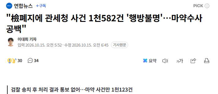 image.png "검찰폐지에 관세청 사건 1천582건 '행방불명'…마약수사 공백"