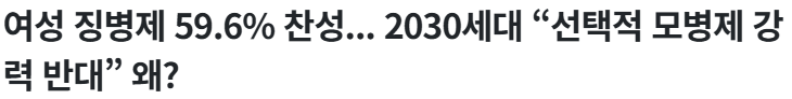 20261006_180812.png 여성 징병제 59.6% 찬성... 2030세대 “선택적 모병제 강력 반대” 왜?