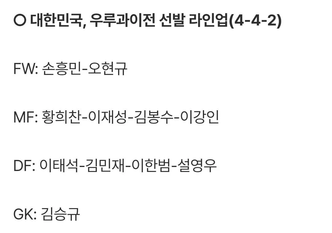 대한민국 라인업 (vs 우루과이)