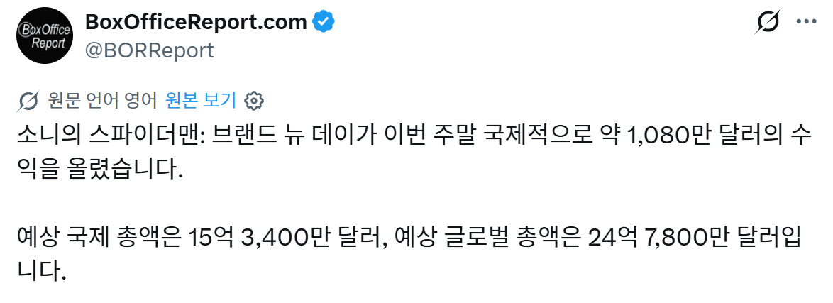 image.png <스파이더맨: 브랜드 뉴 데이> 북미 흥행 1위, 톰 홀랜드 흥행 배우 1위 등극
