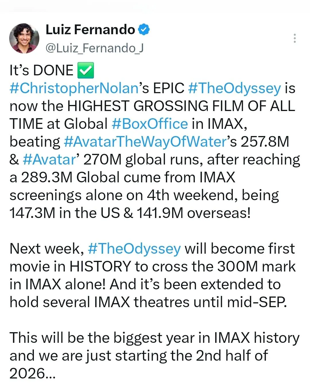 크리스토퍼 놀란 <오디세이>, 역대 IMAX 수익 1위 기록