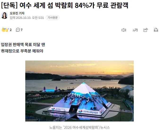 20261010_063157.png [단독] 여수 세계 섬 박람회 84%가 무료 관람객