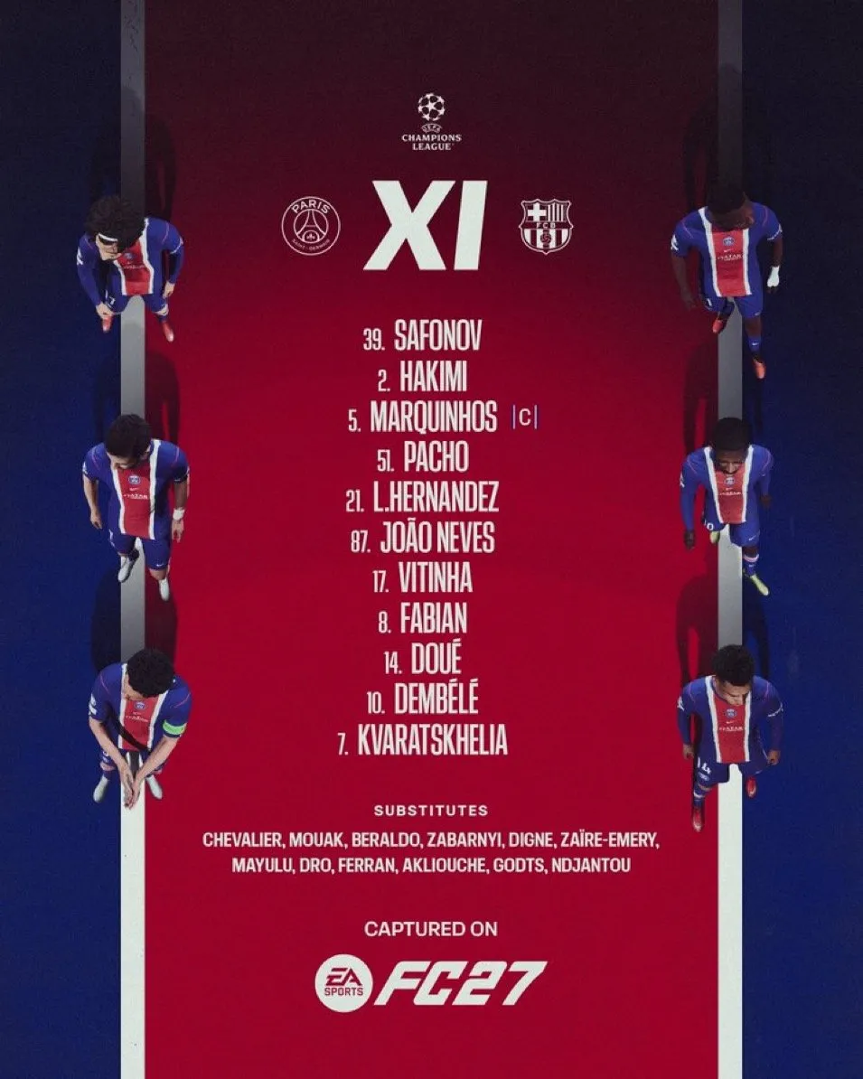 [공홈](UEFA 챔피언스리그) PSG vs 바르셀로나 라인업.