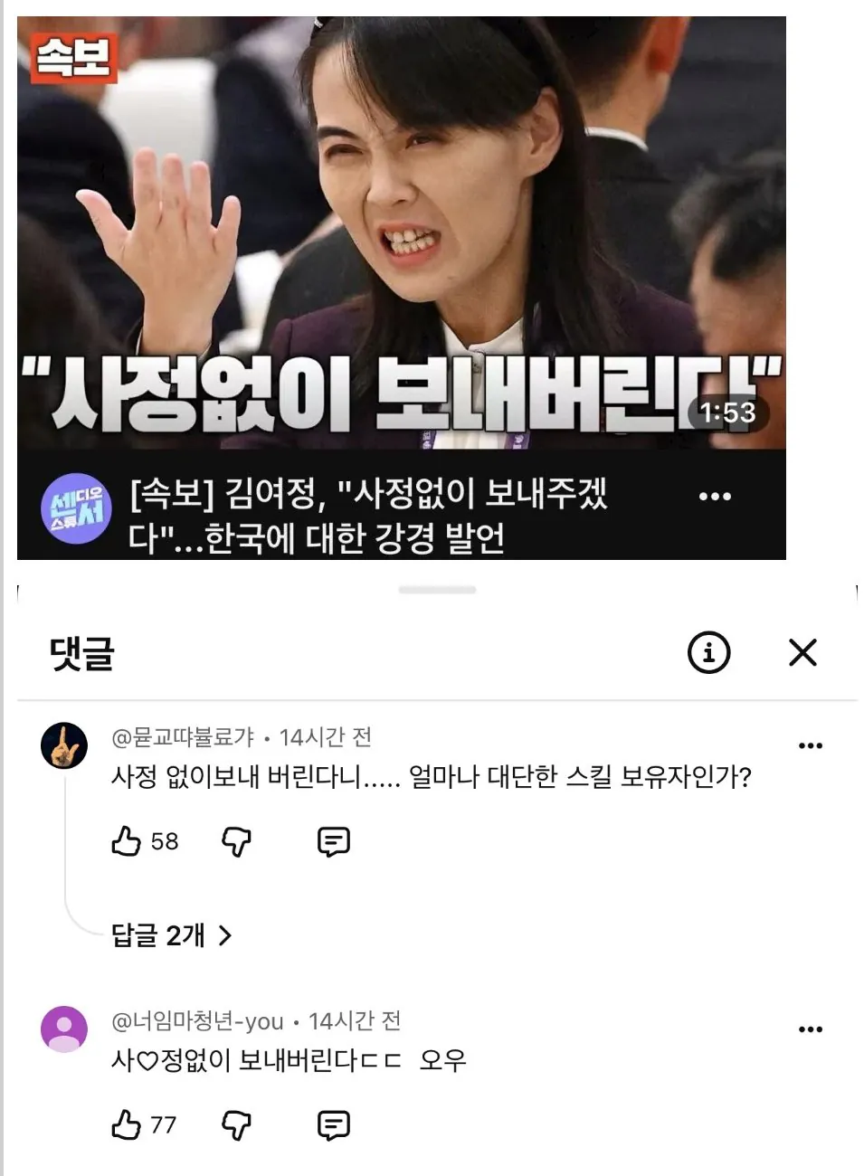 김여정, “사정없이 보내주겠다.” 영상 댓글 상태
