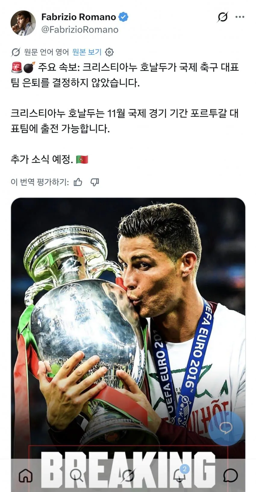 속보] 호날두 은퇴 보류