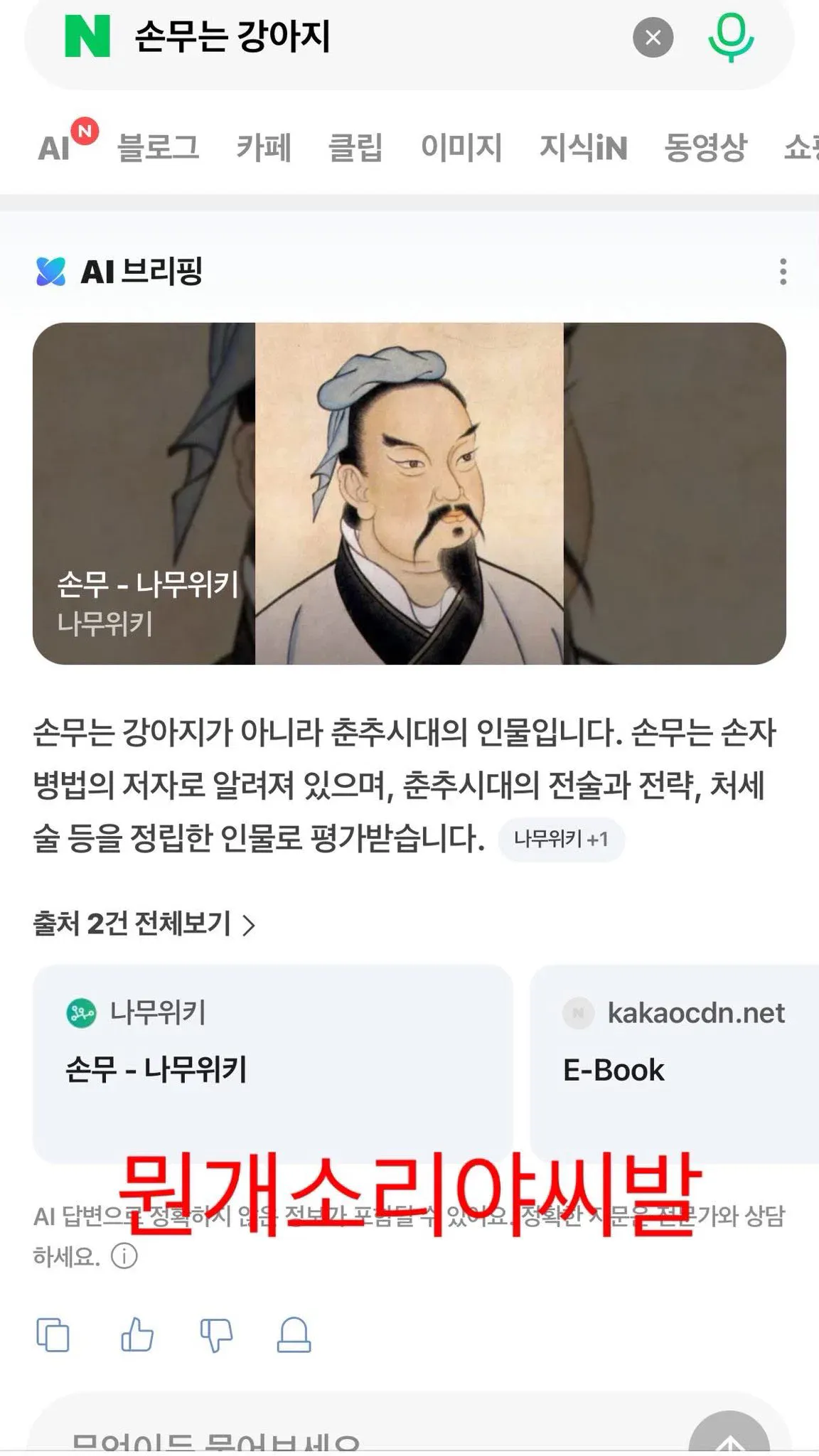 aLMsxf.webp 네이버에 "손무는 강아지"라고 검색했는데 뭔 개소리야 x발