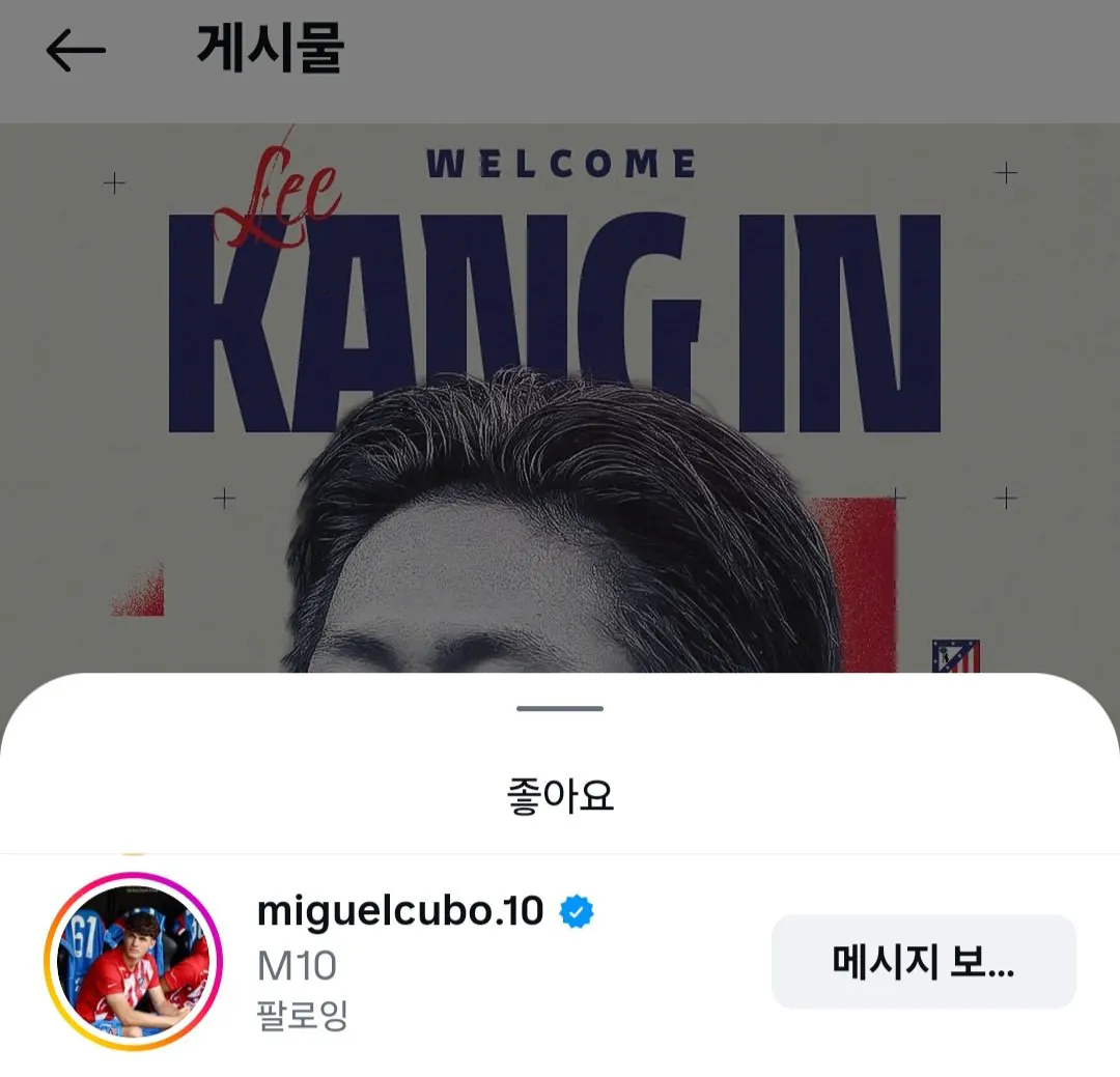 현시각 이강인 오피셜 게시물 좋아요 누른 선수