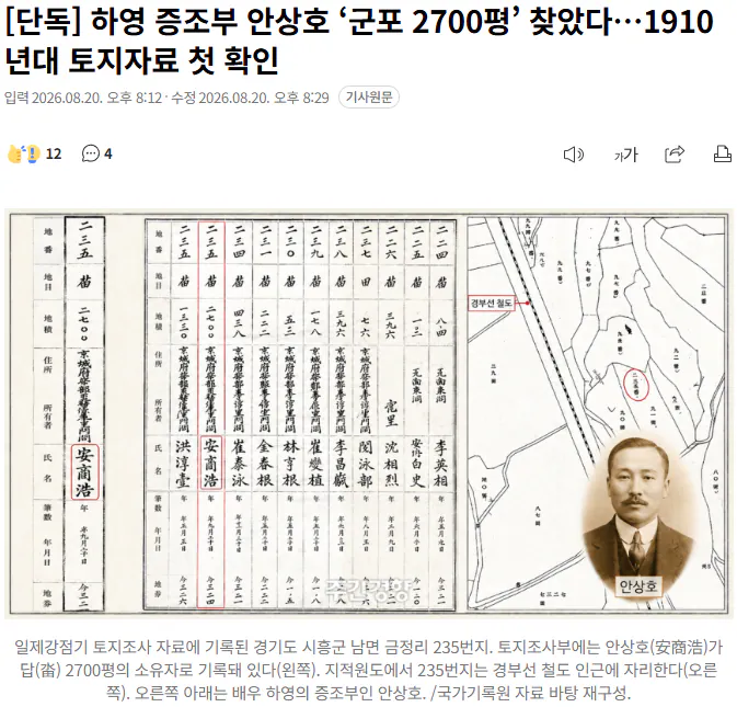 20260820_205210.png [단독] 하영 증조부 안상호 ‘군포 2700평’ 찾았다…1910년대 토지자료 첫 확인