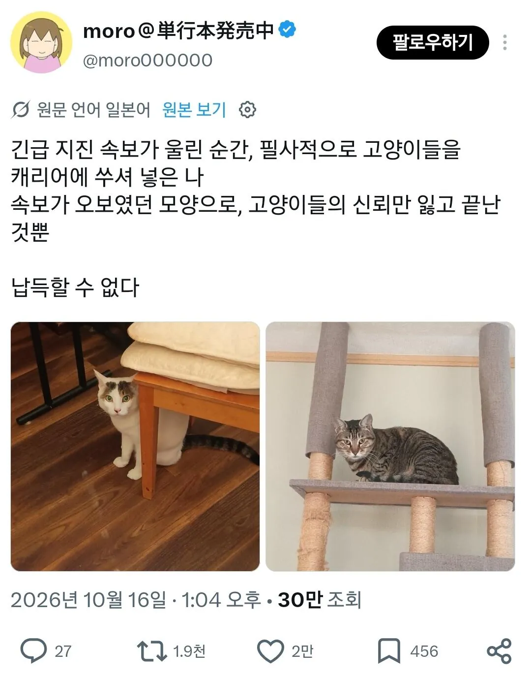 1000118365.jpg 긴급 지진 속보가 울린 순간, 필사적으로 고양이들을 캐리어에 쑤셔 넣은 일본인
