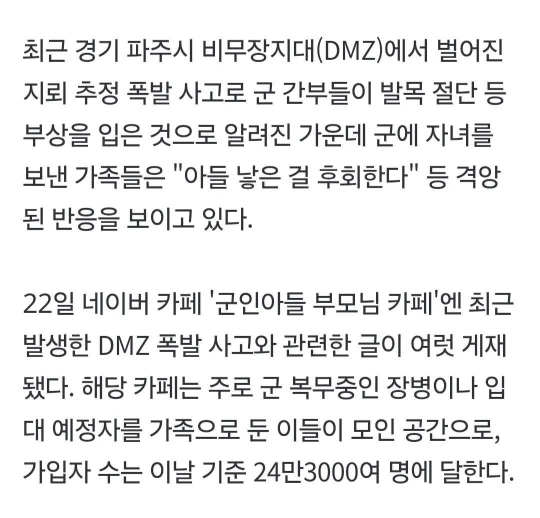 "대한민국에서 아들 낳은 걸 후회"…'DMZ 폭발'에 격앙된 군인 가족들